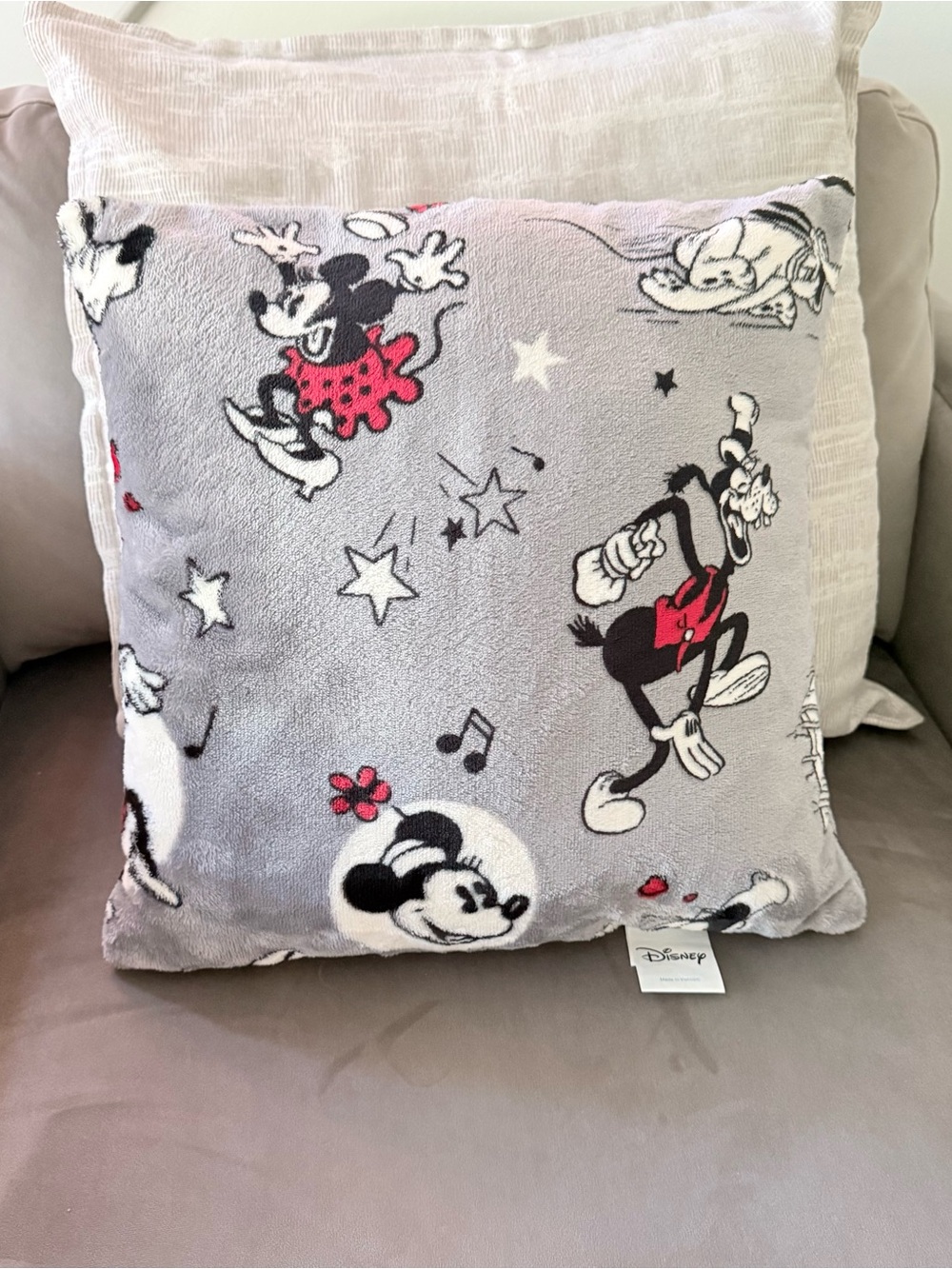 Disney Mickey Minnie Goofy Donald Duck Plush Throw Pillow 15” Gray Character New